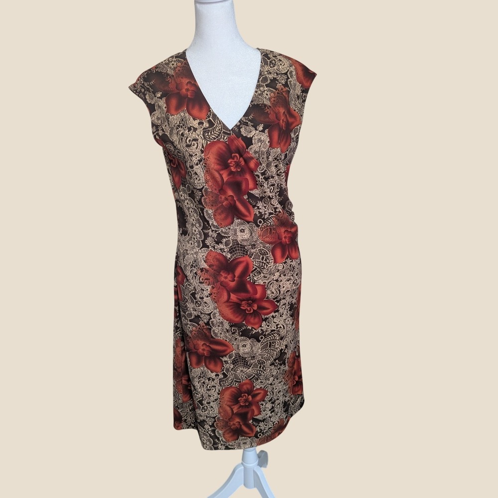 Faith Love Passion FLP Y2K Red Floral Lace Print V-Neck Sheath Midi Dress Medium